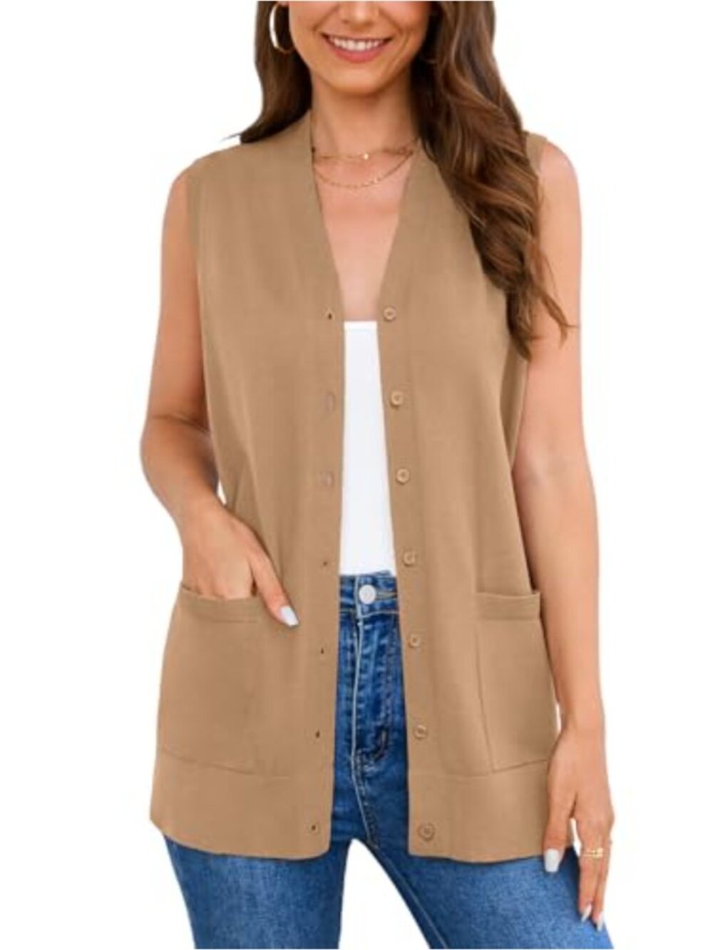 Women's Viscose Sleeveless Cardigan Vest Button Down Knit Sweater with Pockets
